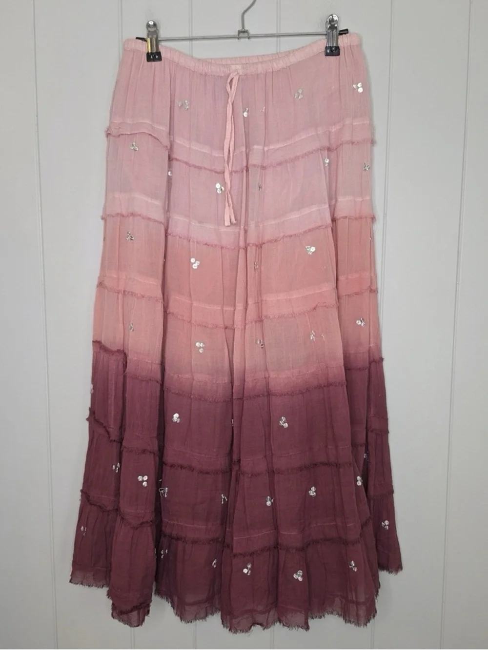 Boho Ombre Pink Tiered Sequin Maxi Skirt